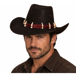 Chapeau cowboy Crocodile Dundee avec dents crocodile