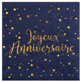 20 serviettes joyeux anniversaire métallisé - Bleu