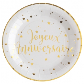 10 Assiettes Joyeux Anniversaire métallisé - Or