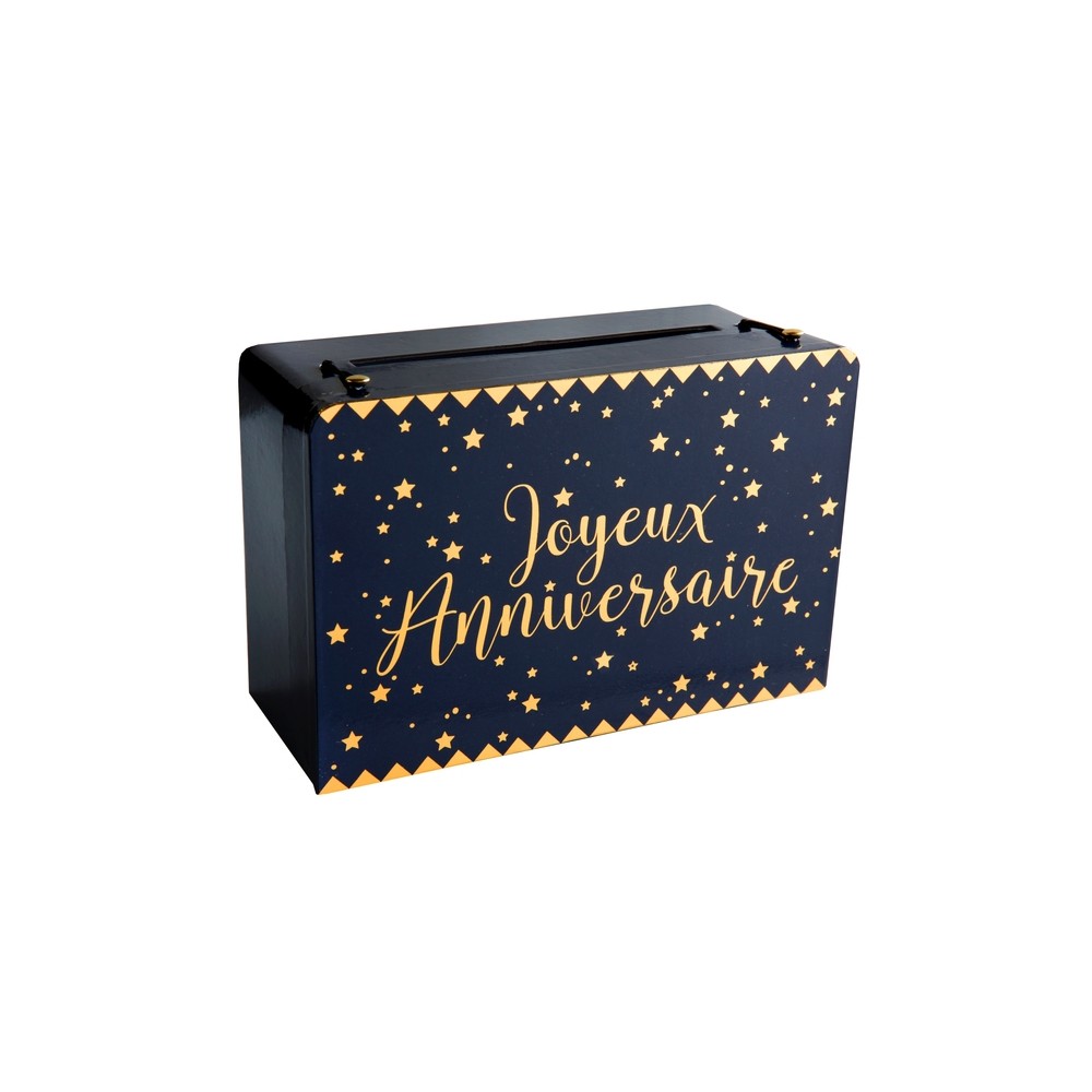 Salvadanaio Di Cartone Blu Con Scritta "Joyeux Anniversaire" E Stelle Dorate