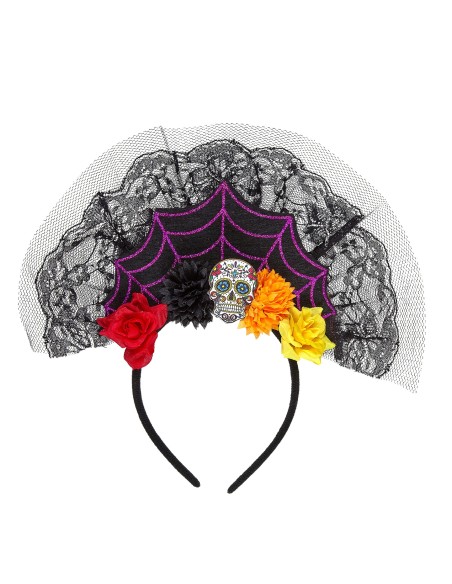 Serre tête Day of the dead roses rouges et voile