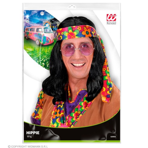 Perruque hippie noire avec bandeau